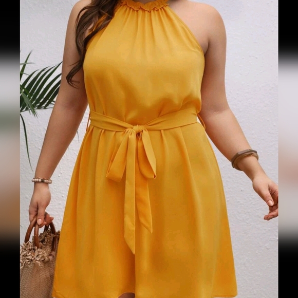 **NEW** SHEIN VCAY Plus Frill Trim Belted Halter Dress - Picture 4 of 4